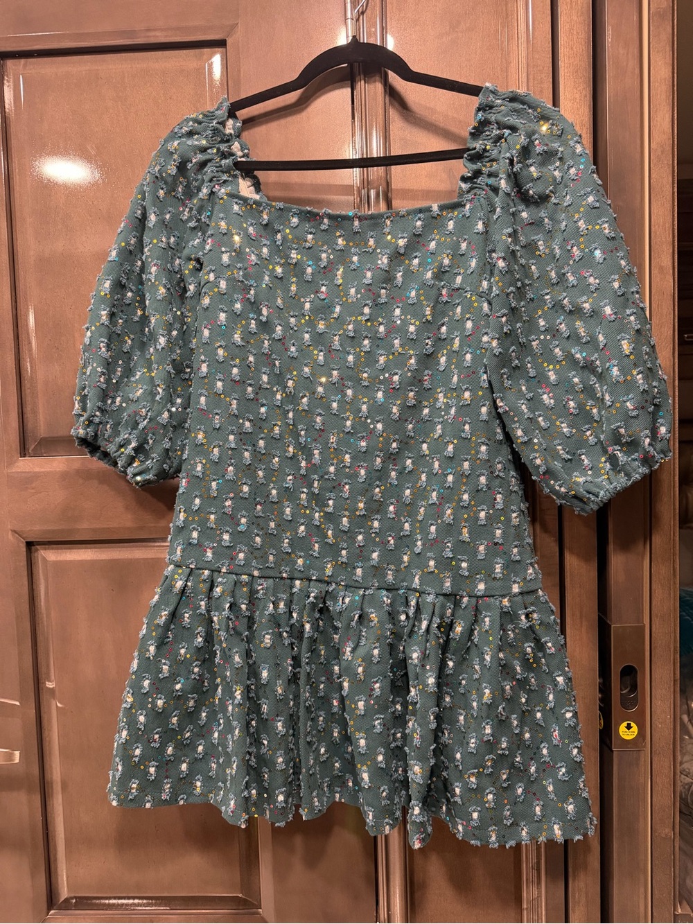QUEEN OF SPARKLES Green Floral Puff-Sleeve Mini Dress
